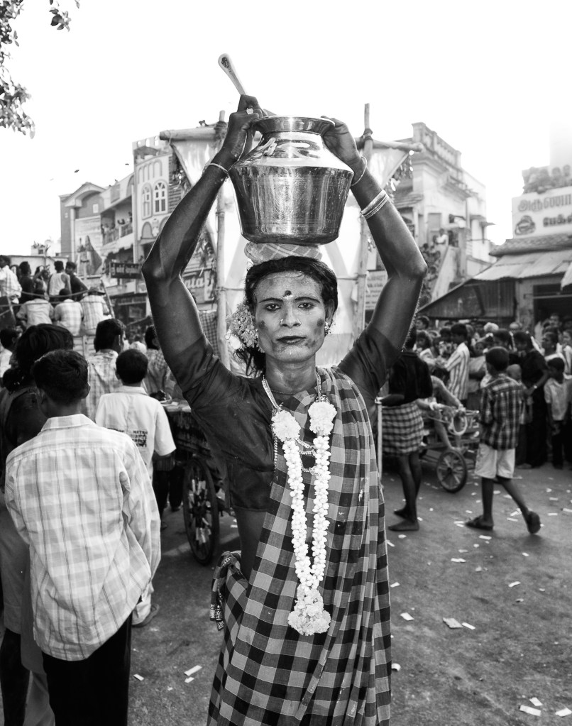 An young man cast as a woman selling buttermilk, for the temple festival procession. T.Kallupatti, Tamil Nadu, India