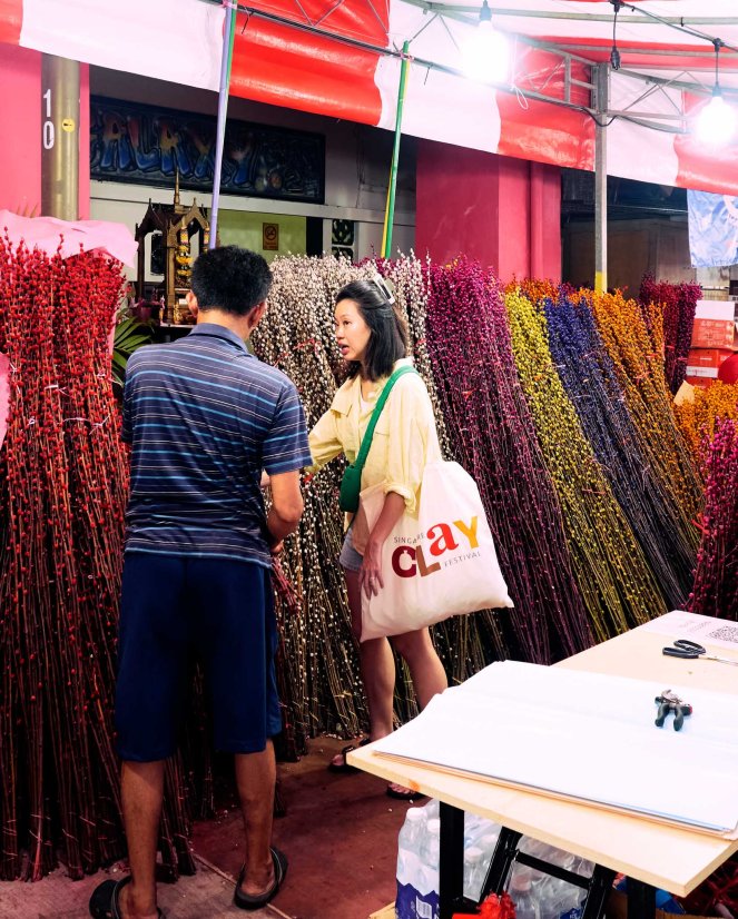 A woman buying prosperity pussy willows for the upcoming Chinese New Year celebrations, Chinatown, Singapore